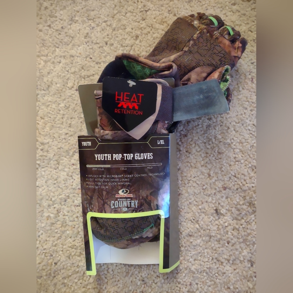 Mossy Oak NEW, Youth L/XL, non-slip Palm, pull tabs for quick removal.  BO